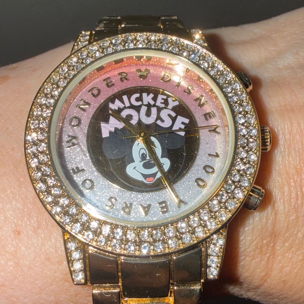 Disney 100 Years of Wonder Mickey Mouse Gold Tone Rhinestone Watch New in Box